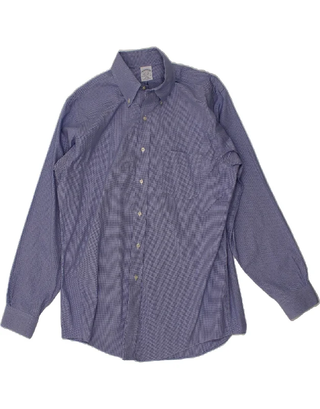 BROOKS BROTHERS Mens Slim Fit Shirt Size 16 1/2  Large Blue Check Cotton Mesh Blend Leather Blend Suede Blend