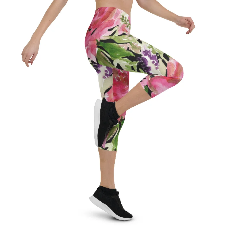 Pink Rose Floral Capris Tights, Designer Women's Fashion Casual Capri Leggings - Made in USA Fashionable Solid Color Tights