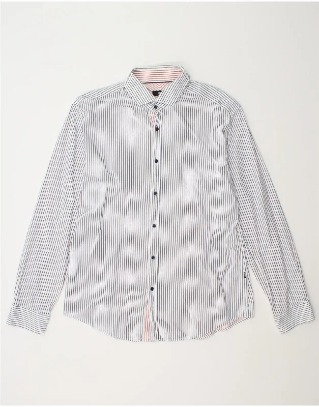 HUGO BOSS Mens Slim Fit Shirt XL Navy Blue Pinstripe Cotton Houndstooth Herringbone Solid