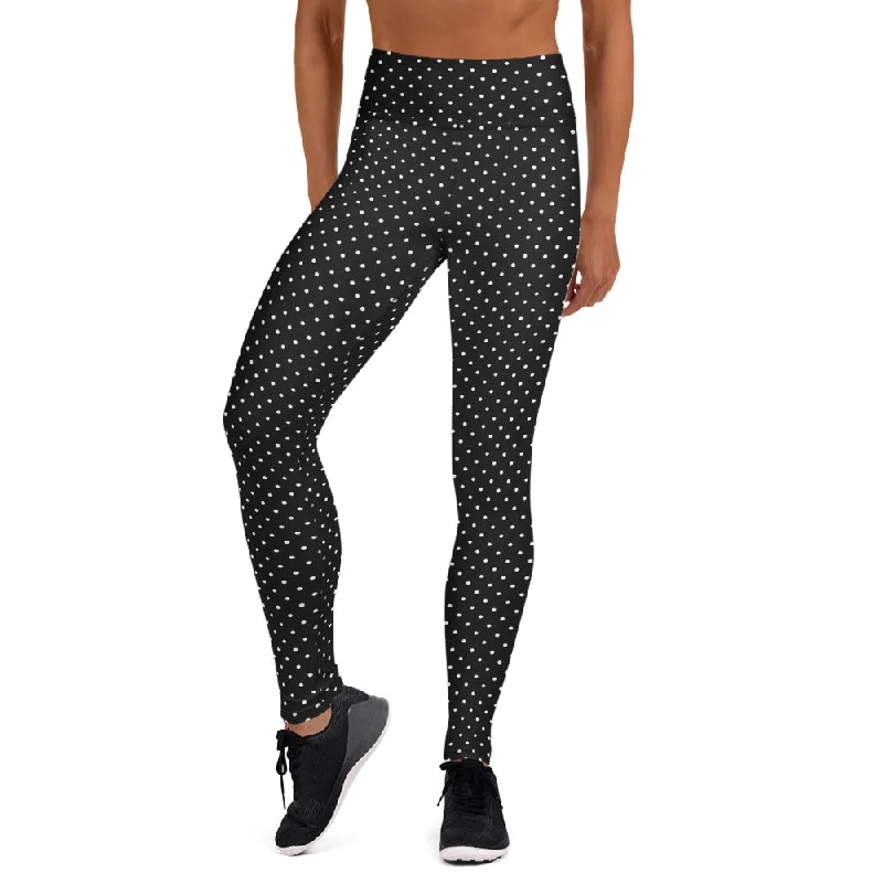 Black White Dots Yoga Leggings, Black and White Designer Polka Dots Women's Long Tights-Made in USA/EU/MX Comfortable Tummy Shaping Leggings