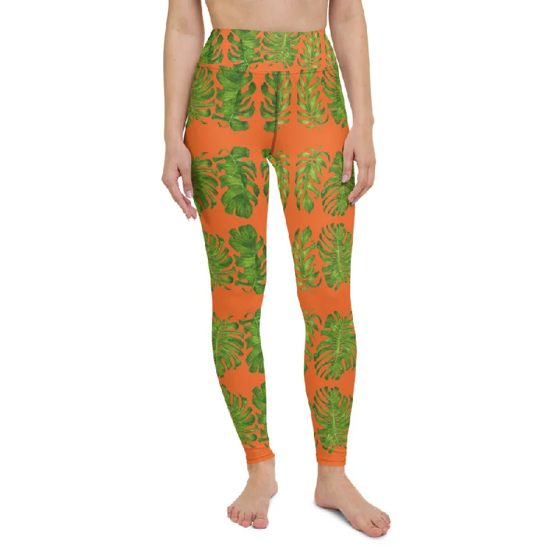 Orange Tropical Leaf Yoga Leggings, Hawaiian Style Leaves Women's Long Yoga Pants-Made in USA/EU Fashionable Floral Active Leggings