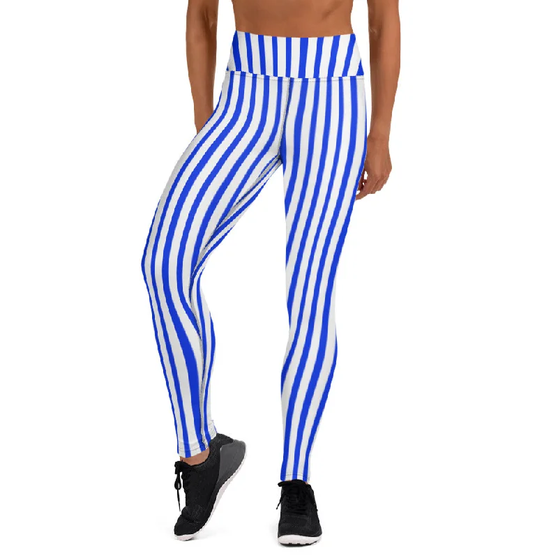 Blue White Striped Yoga Leggings, Vertically Stripes Best Women's Long Tights-Made in USA/EU/MX Stylish Lightweight Leggings