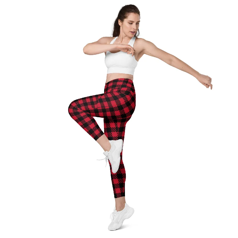 Red Plaid Print Women's Tights, Best Plaid Print Women's Crossover Leggings With Pockets For Ladies - Made in USA/EU/MX Cozy Textured Workout Leggings