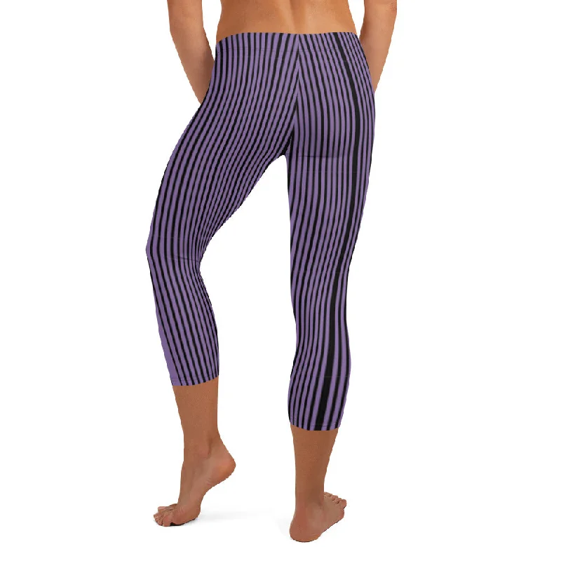 Purple Stripe Casual Capri Leggings, Modern Striped Women's Casual Capris Tights-Made in USA/EU Cozy Lounge Pants Leggings