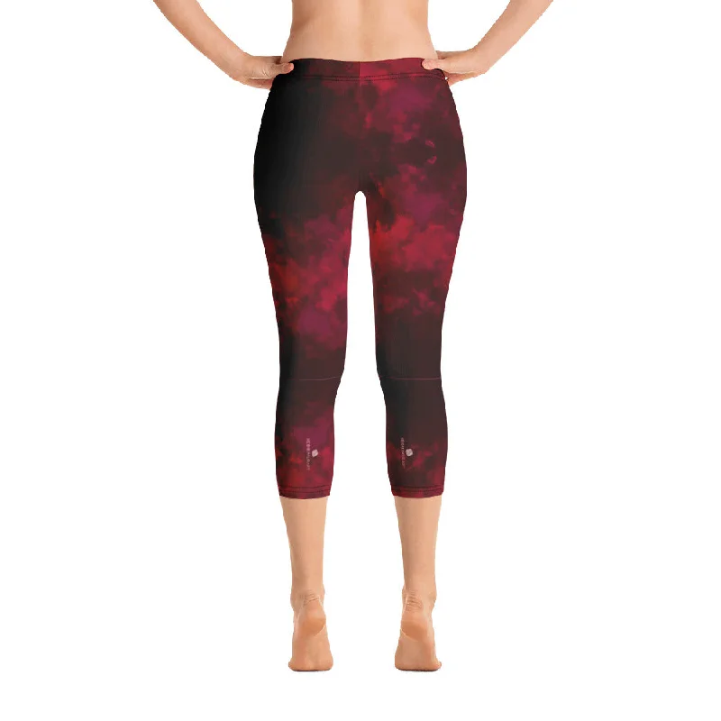 Red Abstract Capri Leggings, Modern Best Women's Capris Casual Tights-Made in USA/EU/MX Stylish Athletic Wear Leggings