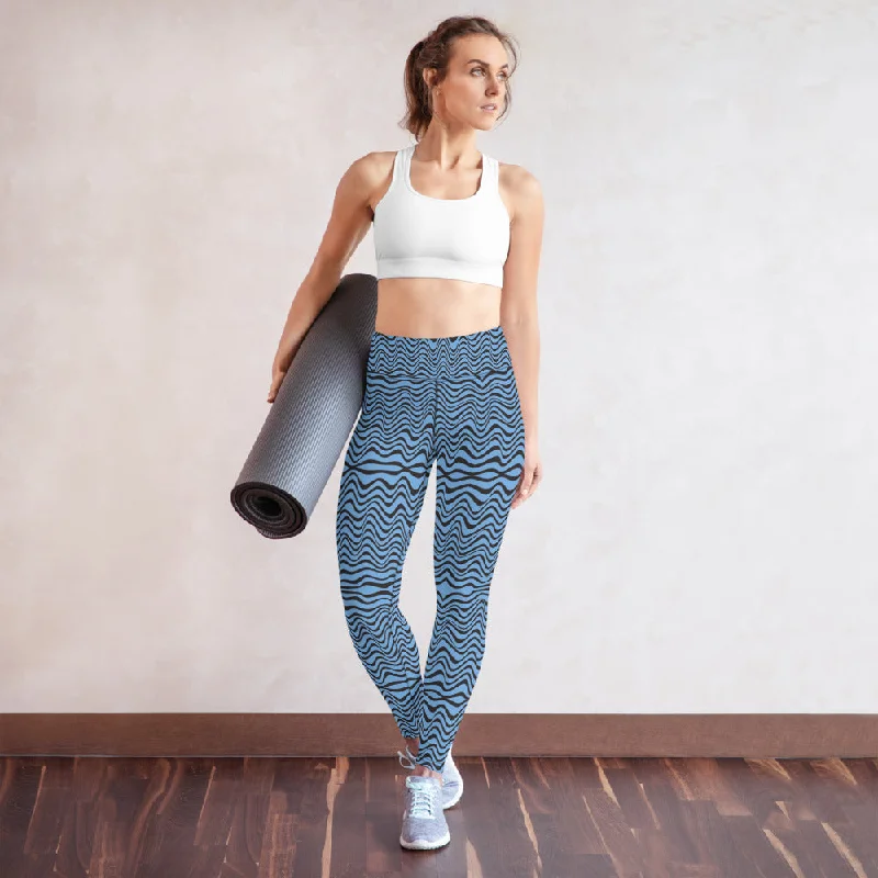 Blue Wave Women's Yoga Leggings, Abstract Wavy Ladies' Long Yoga Pants-Made in USA/EU/MX Trendy Spandex Leggings
