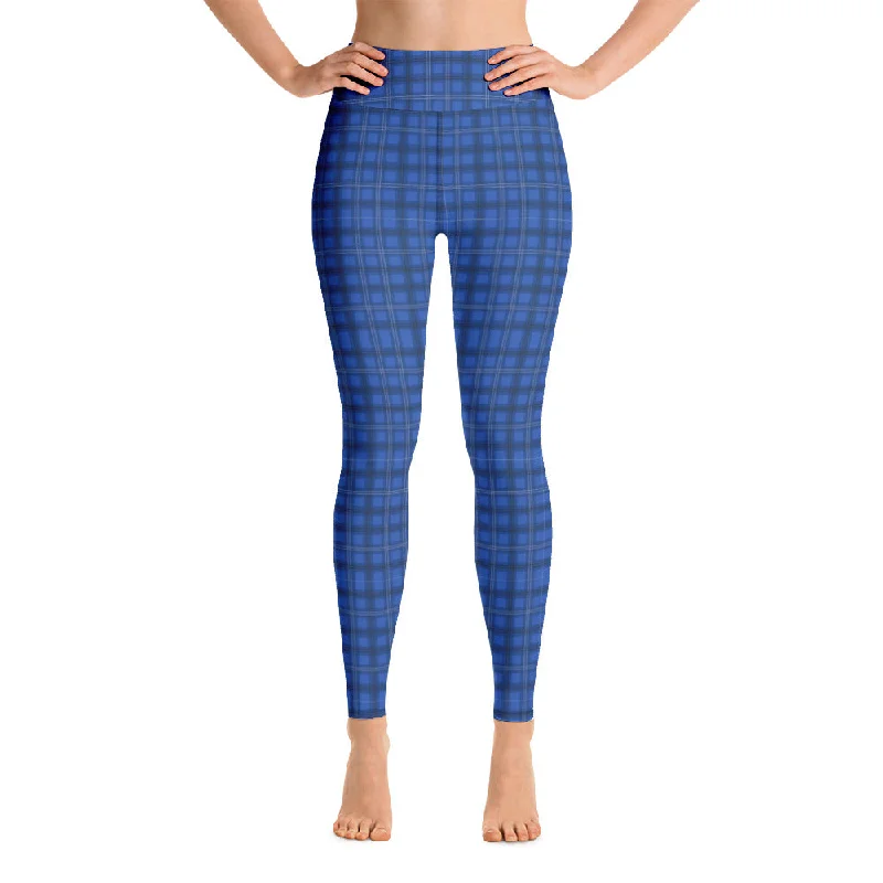 Royal Blue Plaid Yoga Leggings, Tartan Plaid Scottish Style Women's Tights-Made in USA/EU/MX Fashionable Seamless Leggings