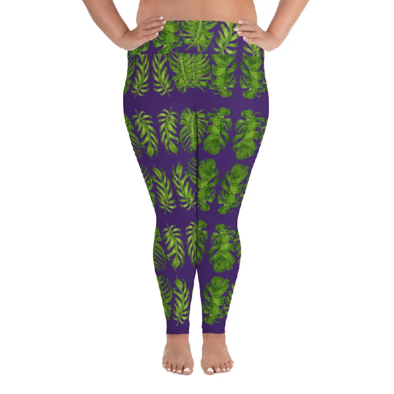 Purple Tropical Women's Yoga Pants, Hawaiian Style Print Plus Size Leggings-Made in USA/EU/MX Trendy Ombre Effect Leggings