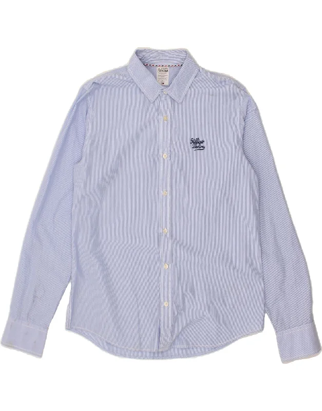 TOMMY HILFIGER Mens Shirt Large Blue Pinstripe Cotton Print Jacquard Patchwork