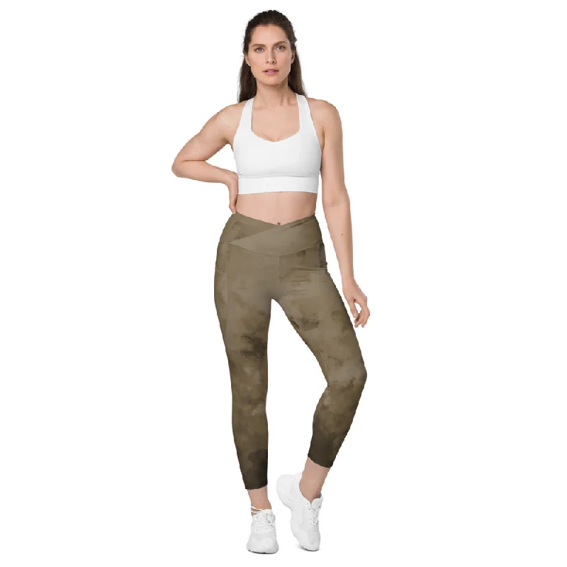 Earth Brown Abstract Crossover Tights, Best Women's Crossover Leggings With Pockets For Ladies - Made in USA/EU/MX Stylish Patterned Active Leggings