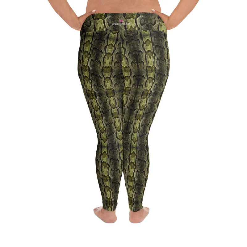 Green Snake Print Women's Tights, Best Snake Skin Print Plus Size Leggings For Ladies- Made in USA/EU/MX Fashionable Embroidered Detail Leggings