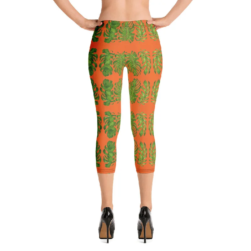 Orange Tropical Leaf Capri Leggings, Hawaiian Style Leaves Green Women's Capri Tights-Made in USA/EU Stylish Sweatproof Leggings