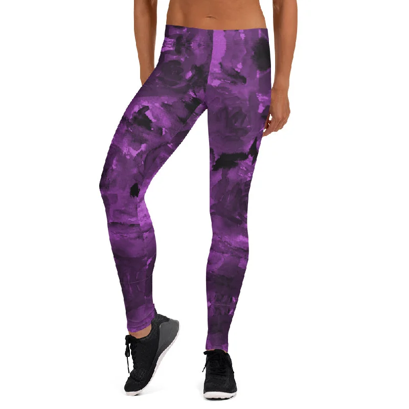 Purple Floral Causal Leggings, Abstract Purple Printed Casual Best Women's Fashion Tights-Made in USA/EU Fashionable Minimal Active Leggings