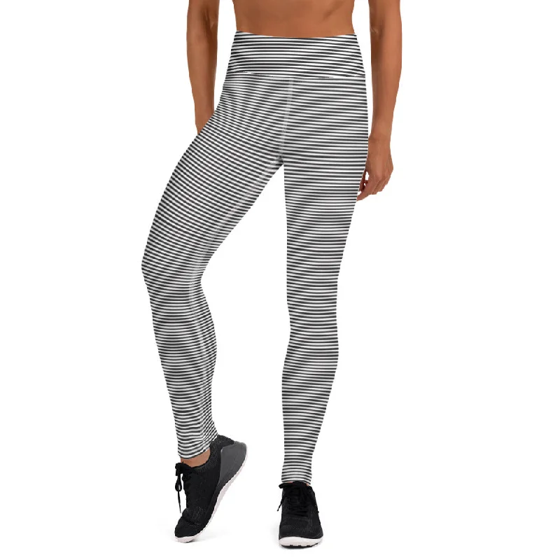 Black White Striped Yoga Leggings, Horizontal Stripes Yoga Pants For Women-Made in USA/EU/MX Cozy Workout Performance Leggings