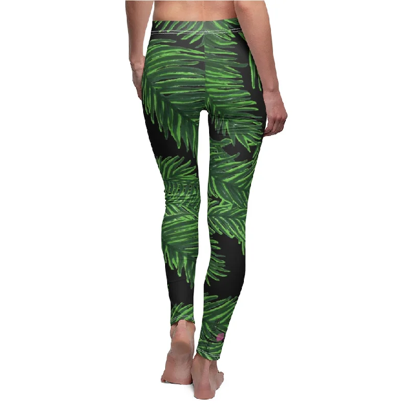 Black Tropical Leaves Casual Leggings, Green Jungle Palm Tree Women's Long Leggings-Made in USA Comfortable Stretch Leggings