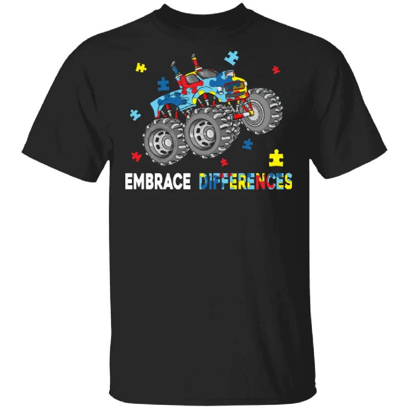 Embrace Differences Monster Truck Cute Autism Awareness Gift T-Shirt Iron Safe Non-Iron Wrinkle Free