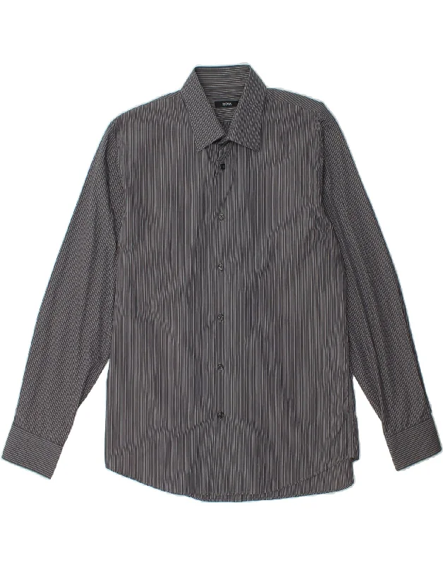 HUGO BOSS Mens Shirt Size 16 41 Large Grey Pinstripe Cotton Knit Fabric Woven Fabric Fleece Fabric