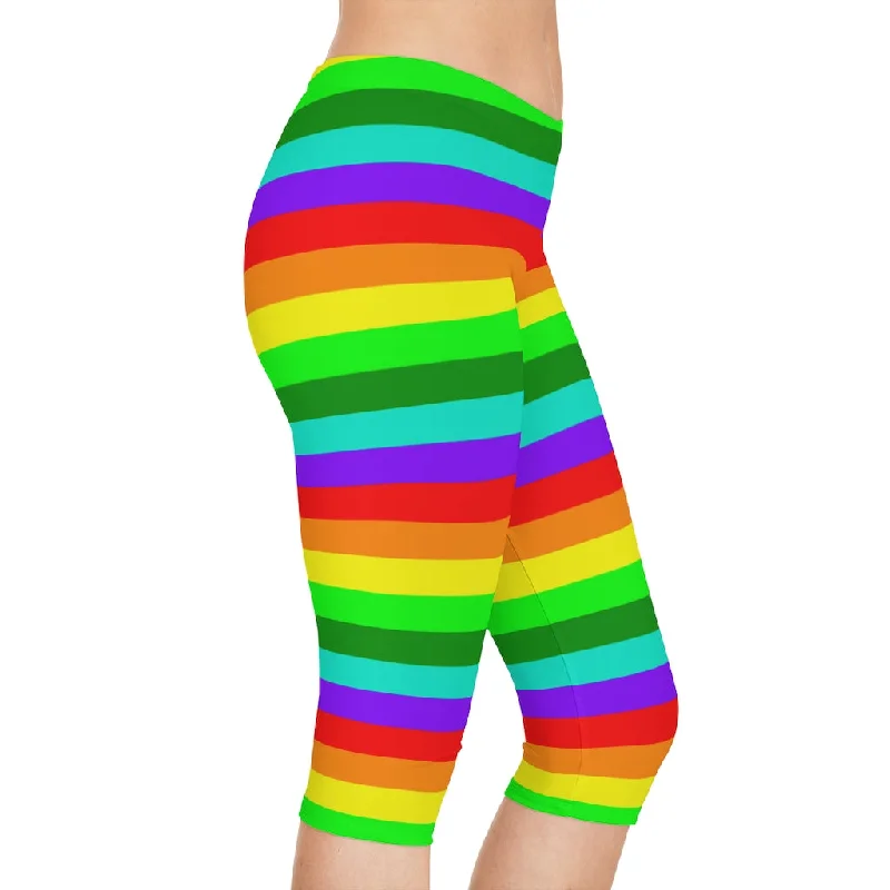 Rainbow Women's Capri Leggings, Knee-Length Polyester Capris Tights-Made in USA (US Size: XS-2XL) Comfortable Yoga Tights Leggings