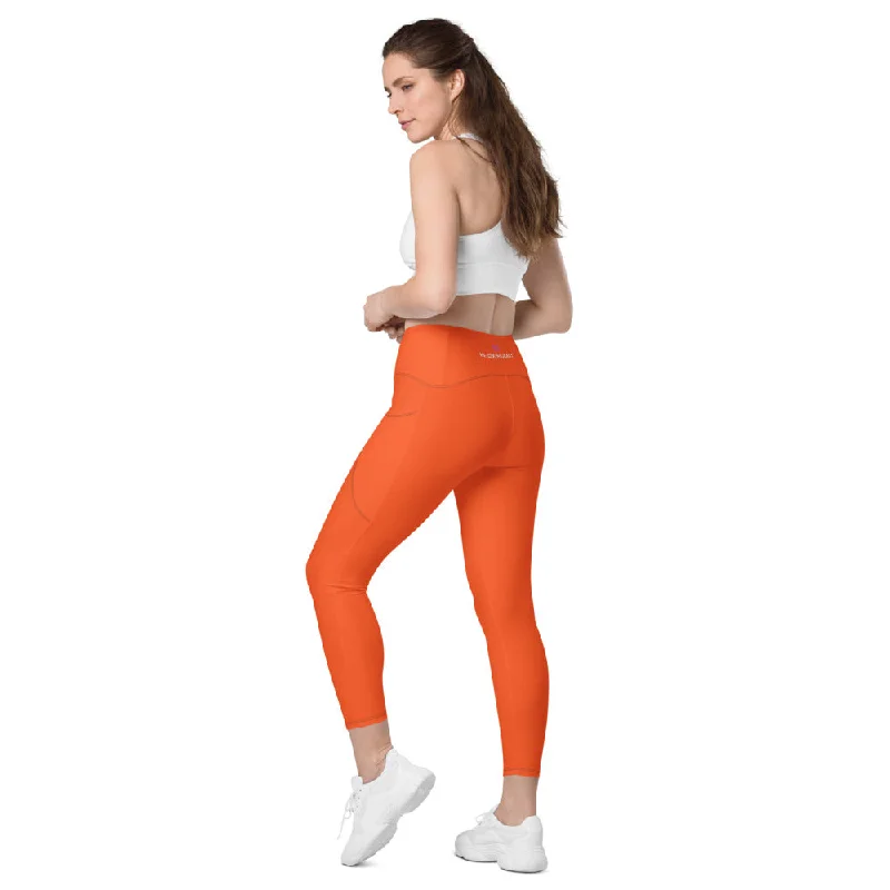 Orange Color Women's Tights, Women's 7/8 Leggings With 2 Side Pockets - Made in USA/EU/MX Comfortable Zip-Up Leggings