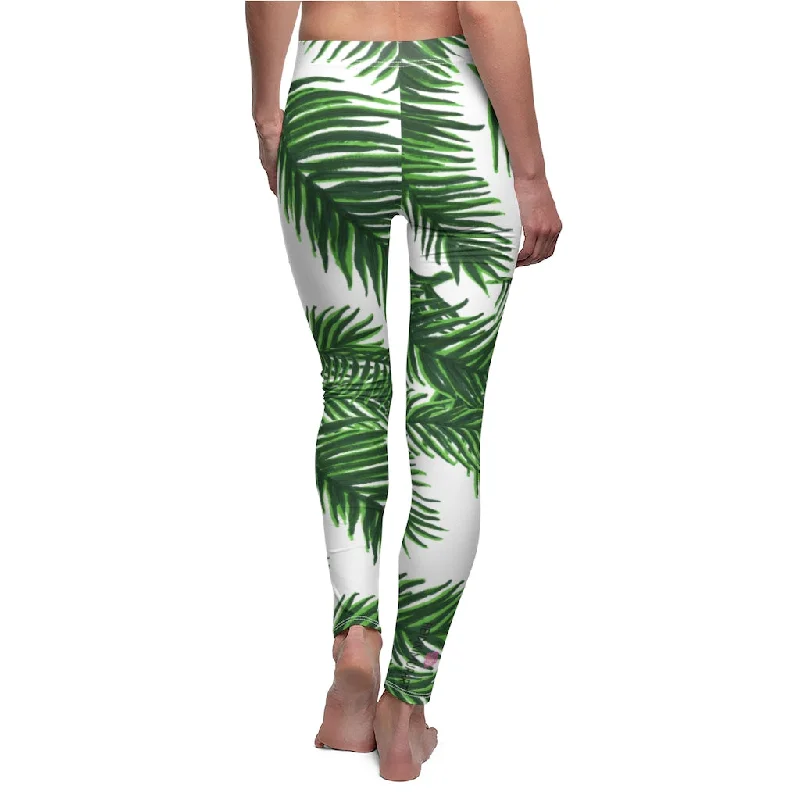 Tropical Leaves Casual Leggings, Green Jungle Palm Tree Women's Long Leggings-Made in USA Chic Workout Leggings