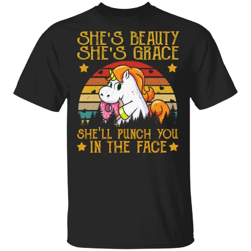 Vintage Retro She's Beauty She's Grace She'll Punch You In The Face Funny Donut Unicorn Shirt Matching Magical Unicorn Lover Gifts T-Shirt Beaded Sequined Faux Fur