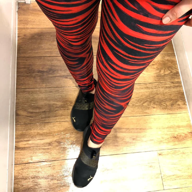 Red Tiger Women's Yoga Leggings, Red Black Tiger Striped Animal Print Gym Tights-Made in USA/EU Fashionable Smooth Fit Leggings