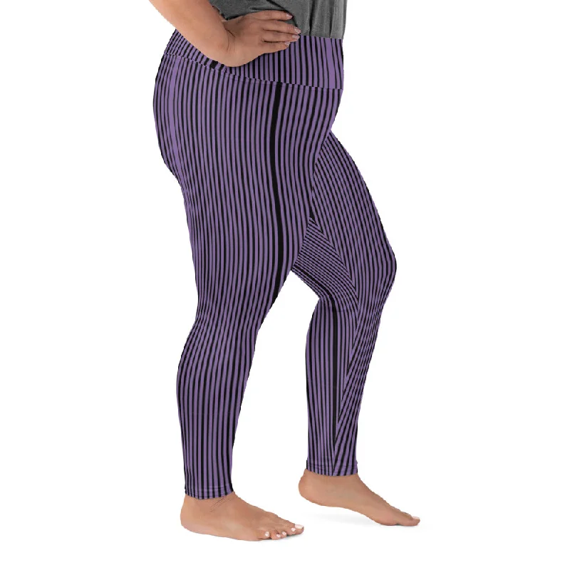 Purple Striped Plus Size Leggings, Vertical Striped Print Tights For Curvy Ladies - Made in USA/EU Trendy Sporty Compression Leggings