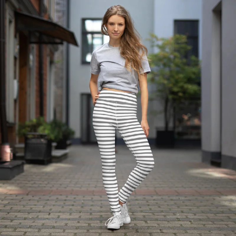 Grey Striped Women's Yoga Leggings, White Gray Horizontal Striped Long Yoga Tights-Made in USA/EU Stylish Pockets Active Leggings