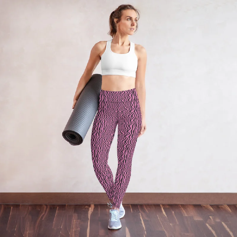 Pink Wavy Yoga Leggings, Black Waves Abstract Long Women's Tights-Made in USA/EU/MX Cozy Yoga Compression Leggings
