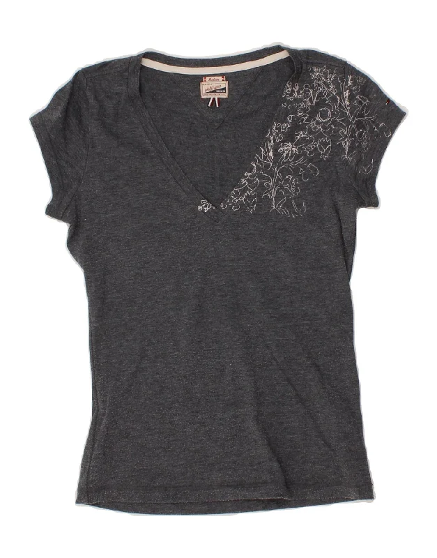TOMMY HILFIGER Womens Graphic T-Shirt Top UK 14 Medium Grey Floral Chenille Blend Fleece Blend Nylon Blend