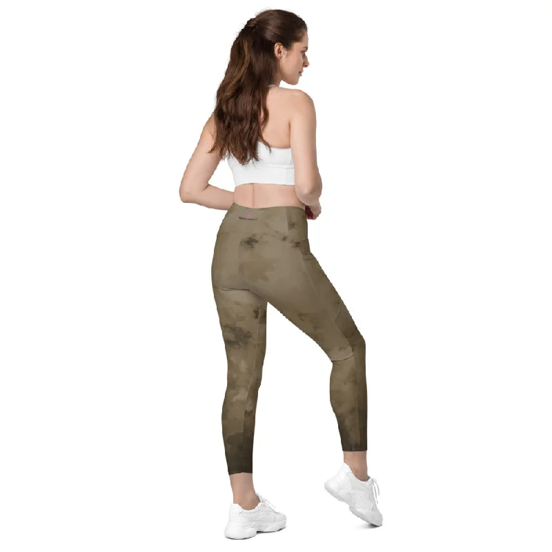 Brown Abstract Women's Tights, Best Women's Crossover Leggings With Pockets For Ladies - Made in USA/EU/MX Comfortable Bootcut Workout Leggings