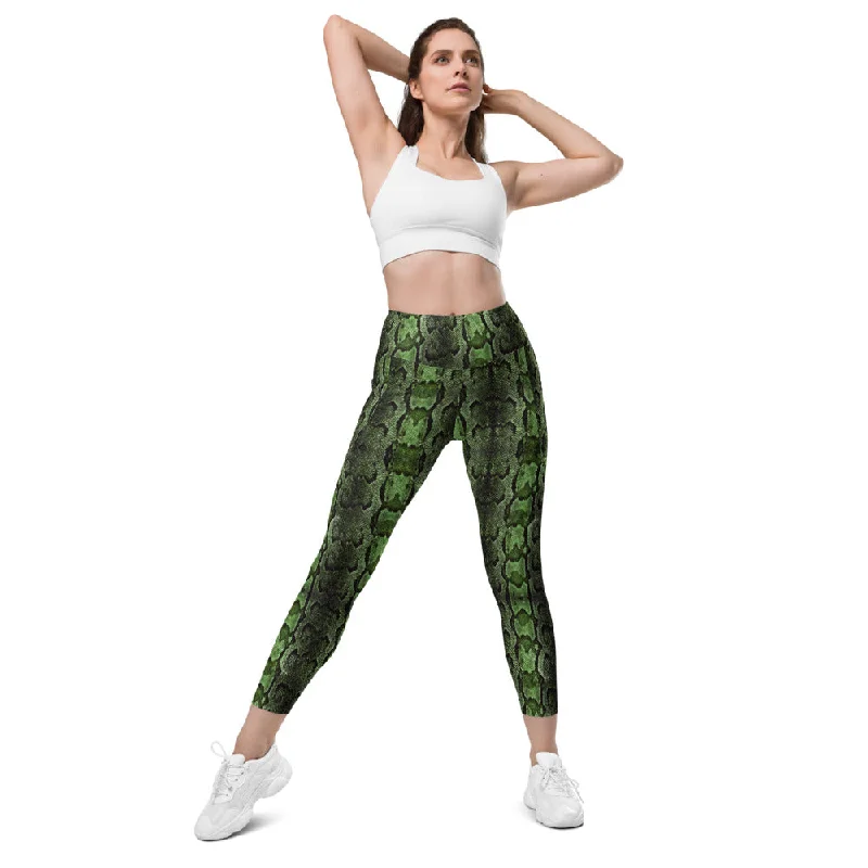 Bright Green Snake Print Tights, Women's 7/8 Leggings With 2 Side Pockets - Made in USA/EU/MX Elegant Full-Body Leggings