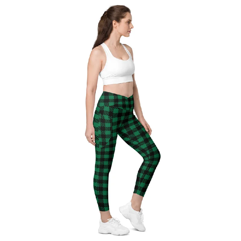 Green Plaid Printed Women's Tights, Plaid Print Best Designer Printed Crossover Leggings With 2 Side Pockets Fashionable Ribbed Knit Leggings
