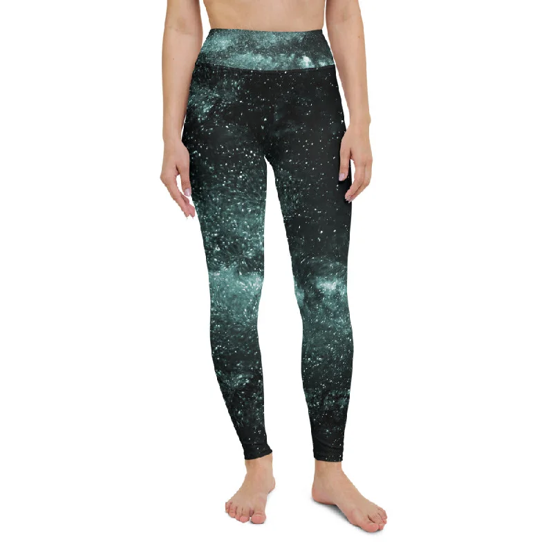 Blue Galaxy Print Yoga Leggings, Greenish Blue Space Galaxies Women's Long Yoga Pants-Made in USA/EU/MX Stylish Winter-Ready Leggings