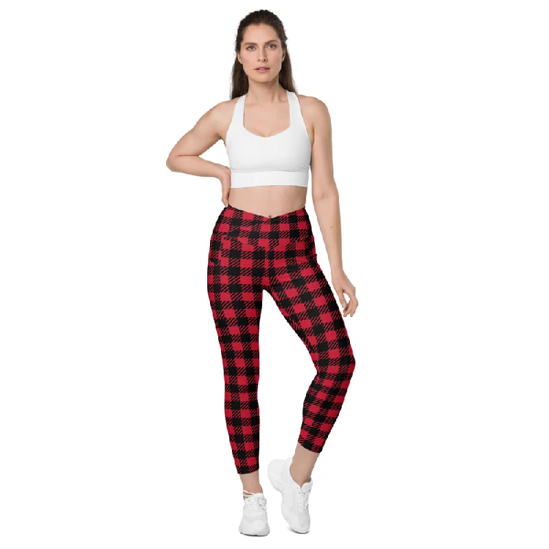 Red Plaid Printed Leggings, Best Designer Printed Crossover Leggings With 2 Side Pockets Cozy Fashion Leggings