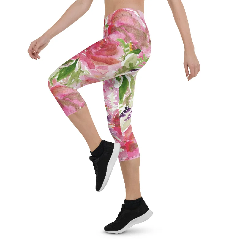 Pink Rose Women's Capri Leggings, Floral Casual Tights Floral Designer Casual 38–40 UPF Capri Leggings Activewear Outfit - Made in USA/EU/MX (US Size: XS-XL) Elegant Printed Leggings with Pockets