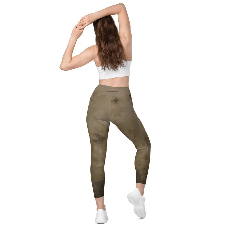 Brown Abstract Women's Tights, Abstract Best Leggings With Pockets For Women - Made in USA/EU/MX Stylish Ankle-Length Leggings