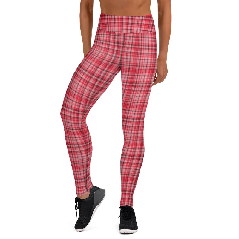 Red White Plaid Yoga Leggings, Scottish Style Tartan Printed Long Women's Yoga Pants-Made in USA/EU Elegant Metallic Leggings