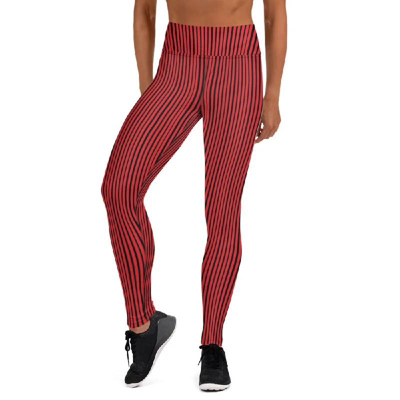 Red Black Striped Yoga Leggings, Vertically Stripes Women's Long Tights-Made in USA/EU/MX Stylish Sporty Performance Leggings