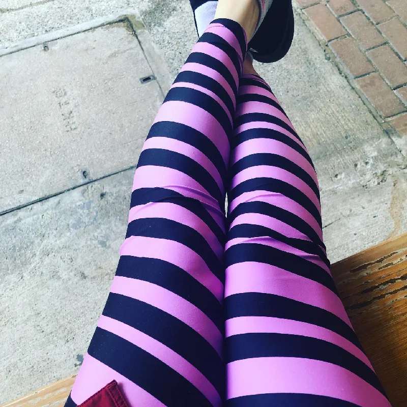 Pink Black Stripes Yoga Leggings, Diagonally Striped Women's Soft Tights For Ladies-Made in USA/EU/MX Fashionable Printed Leggings