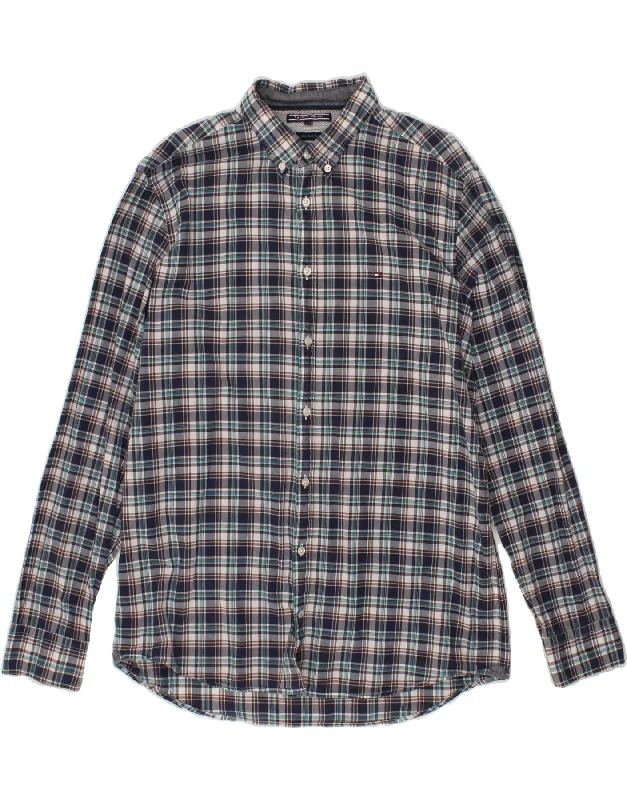 TOMMY HILFIGER Mens New York Fit Shirt XL Navy Blue Check Cotton Real Fur Shearling Chenille