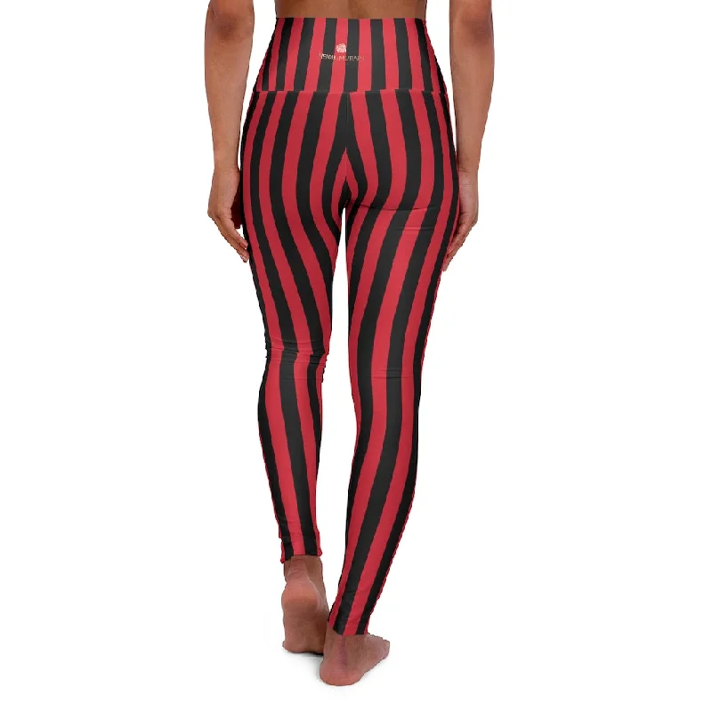 Red Black Striped Tights, High Waisted Vertical Stripes Yoga Leggings Long Women Yoga Tights Fashionable Plus-Size Activewear