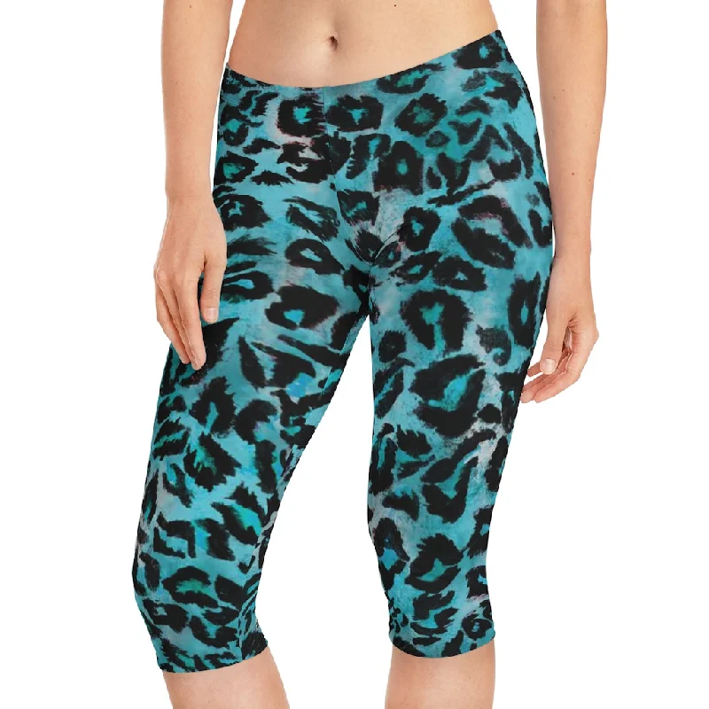 Blue Leopard Women's Capri Leggings, Knee-Length Polyester Capris Tights-Made in USA (US Size: XS-2XL) Trendy Polka Dot Leggings