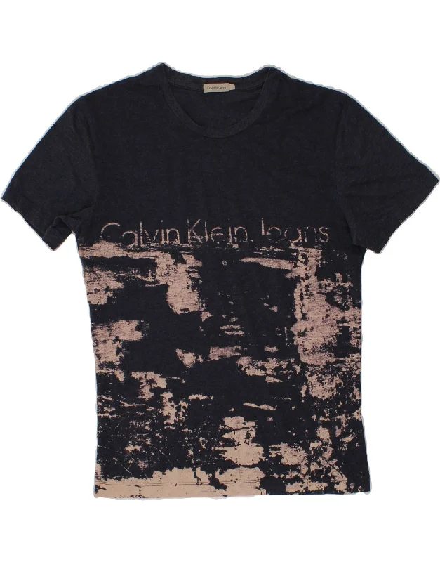 CALVIN KLEIN JEANS Mens Graphic T-Shirt Top Small Navy Blue Colourblock Welt Pockets Slit Pockets Flap Pockets