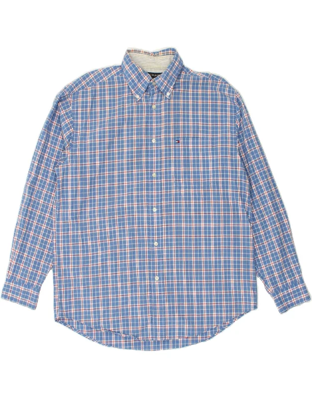 TOMMY HILFIGER Mens Shirt Medium Blue Check Cotton Polka Dot Checkered Tartan