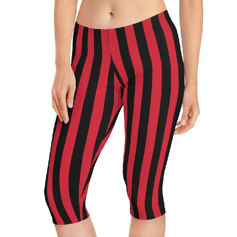Red Striped Women's Capri Leggings, Knee-Length Polyester Capris Tights-Made in USA (US Size: XS-2XL) Elegant Shiny Black Leggings