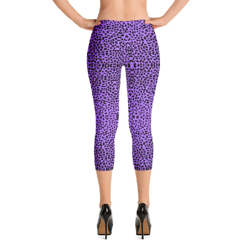 Purple Cheetah Capri Leggings, Cute Leopard Casual Tights For Women-Made in USA/EU/MX Elegant Full-Body Leggings