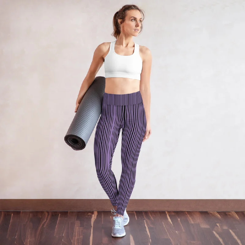 Purple Striped Women's Yoga Leggings, Vertically Striped Black Long Gym Tights-Made in USA/EU Comfortable Bootcut Workout Leggings