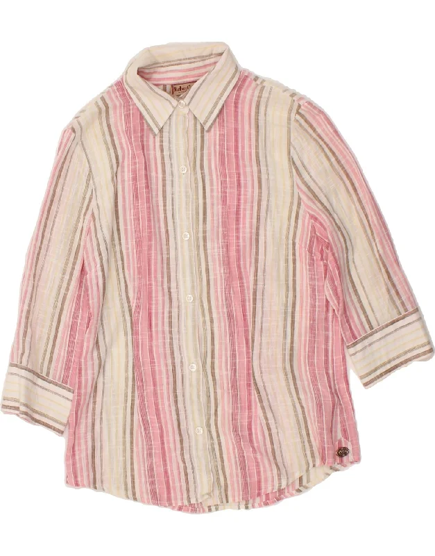 MARLBORO CLASSICS Womens 3/4 Sleeve Shirt EU 44 XL Pink Striped Cotton Basic T-Shirt Crew Neck Short Sleeve