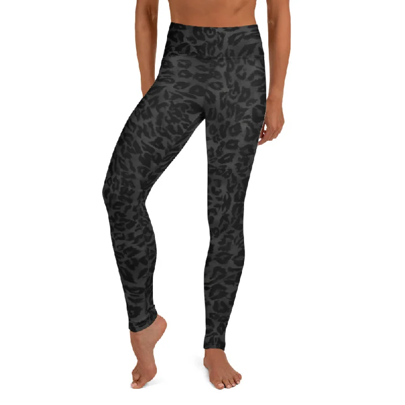 Grey Leopard Print Yoga Leggings, Animal Print Black Long Compression Tights-Made in USA/EU Cozy Mid-Rise Workout Leggings